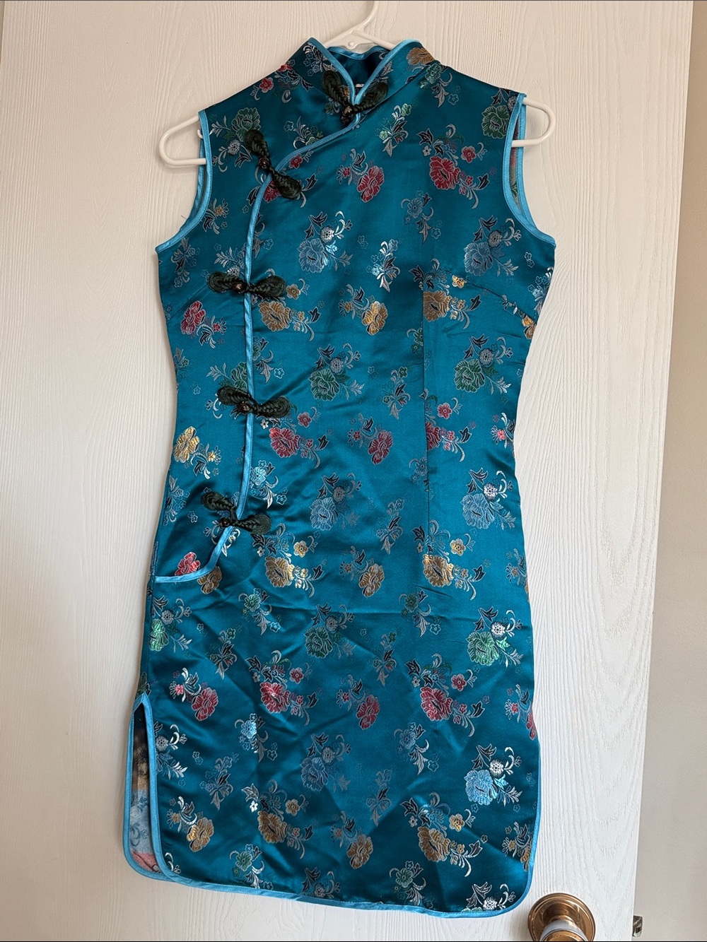 Teal Floral Satin Cheongsam Dress